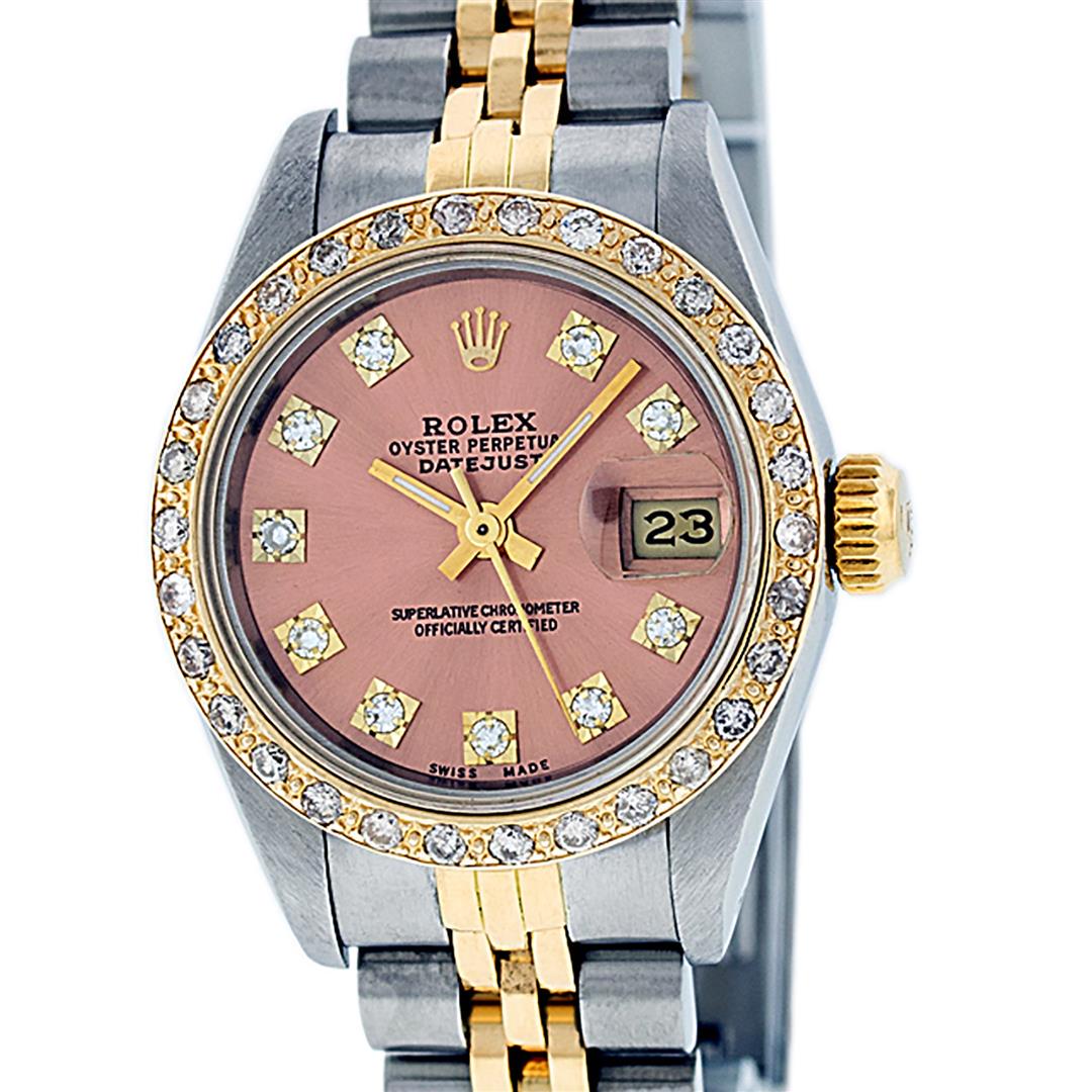 Rolex Ladies 2 Tone Salmon Diamond Oyster Perpetual: One Ladies Two Tone Rolex Datejust Polished, Serviced & Electronically Tested, Yellow Gold & Stainless Steel Case: 26mm, Yellow Gold Crown, Custom Bezel: New 18K Yellow Gold Beadset Diamond Bezel, Dia