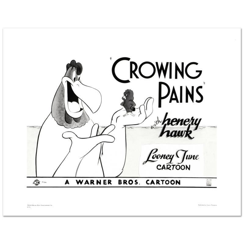 "Crowing Pains #2 (with Foghorn)" Limited Edition: "Crowing Pains #2 (with Foghorn)" is a limited edition giclee on paper from Warner Bros., numbered with hologram seal of Authenticity. This image was originally used as a "lobby card" displayed in the