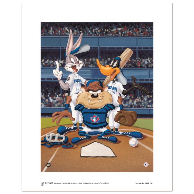 "At the Plate (Blue Jays)" Numbered Limited Edition: "At the Plate (Blue Jays)" is a limited edition giclee on paper from Warner Bros. featuring iconic Looney Tunes characters in Toronto Blue Jays MLB uniforms. It comes numbered, with hologram seal, and
