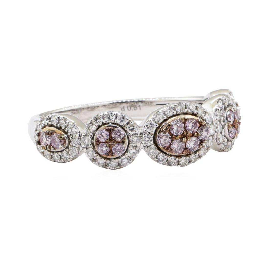 0.61 ctw Diamond Ring - 18KT White Gold: One electronically tested 18KT white gold ladies cast & assembled diamond ring. The ring features a series of pink diamond clusters set within white diamond bezels, supported by elaborate lattice unde
