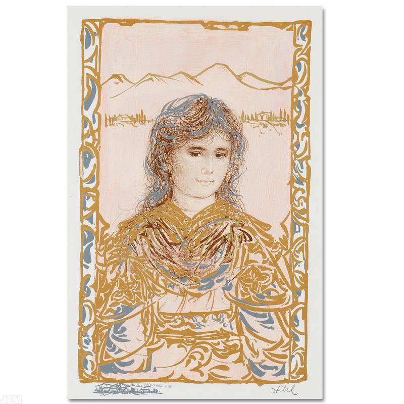 "Becky" Limited Edition Lithograph by Edna Hibel: Wild lines and muted colors make Edna Hibel's art stand out in any room. "Becky" is a limited edition lithograph on paper, numbered and hand signed by Hibel (1917-2014). Includes Certificate of Authen