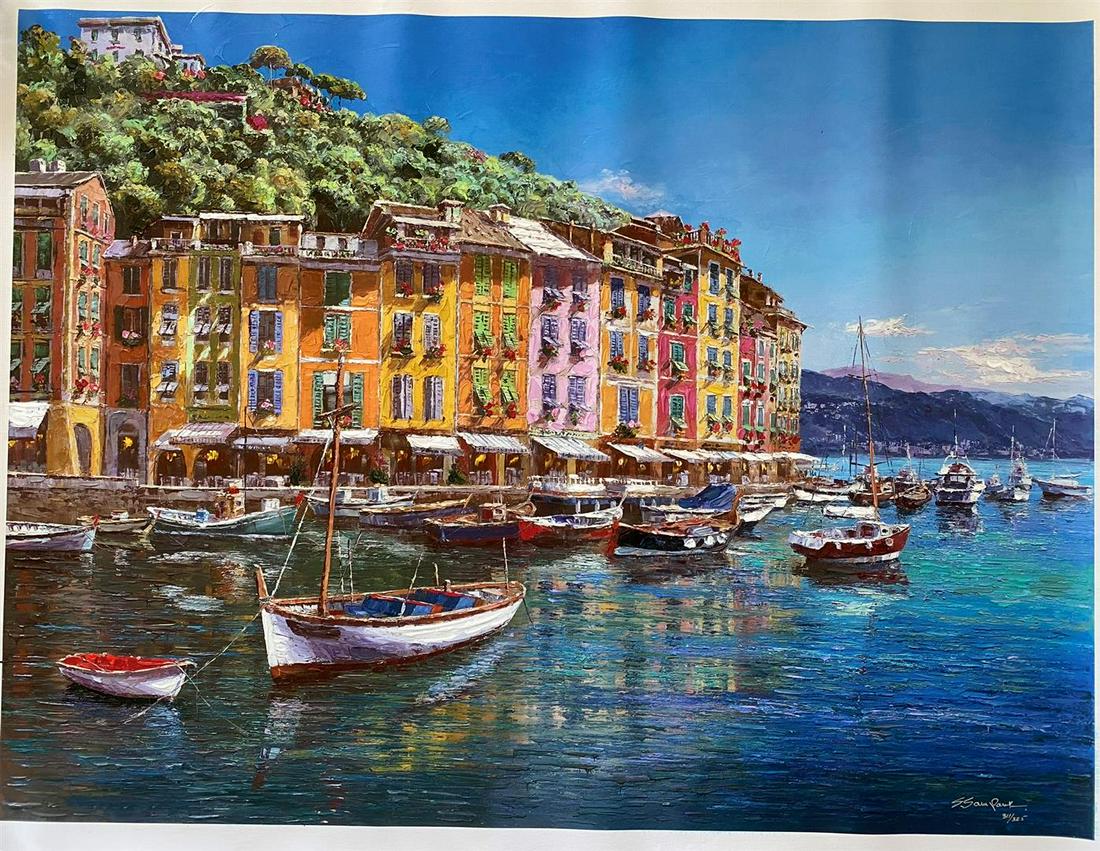 Sam Park "VIEW OF PORTOFINO": Sam Park "VIEW OF PORTOFINO" Hand Signed and Numbered Limited Edition Embellished Giclee on Canvas Dimensions: 30 x 40 inches (Note: edition number received may differ from photo)