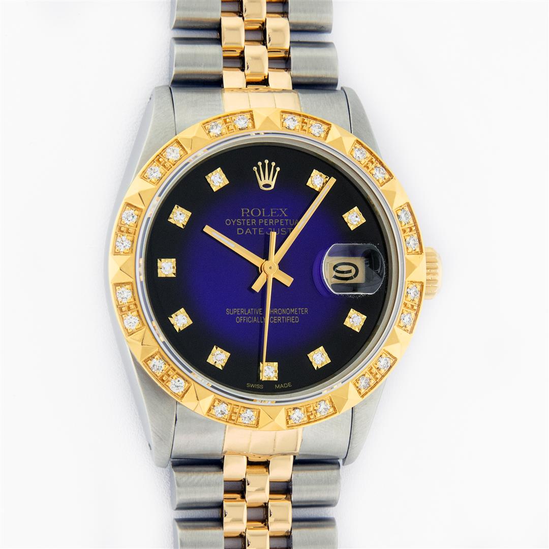 Rolex Mens 2 Tone Blue Vignette Diamond Datejust Oyster: One Mens Yellow Gold Rolex Datejust Polished Bright with Satin Finish, Serviced & Electronically Tested, Stainless Steel Case: 36mm, Yellow Gold Crown, Custom Bezel: New 18K Yellow Gold Pyramid Diamon