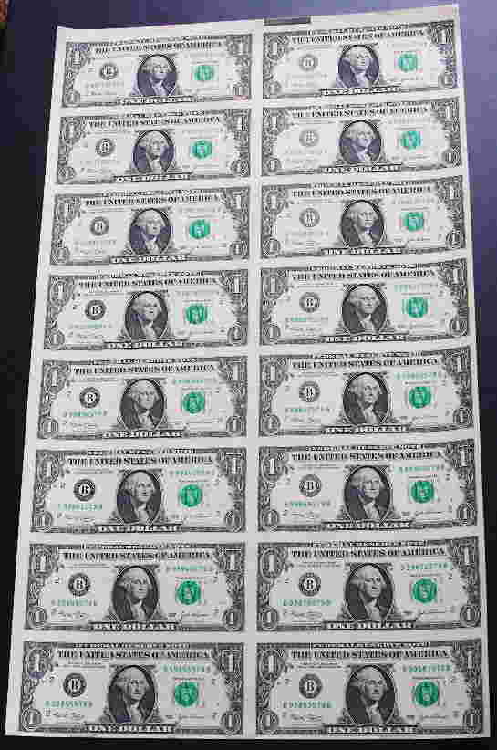 269 Rare Uncut Sheet of 16 U.S. 1.00 Dollar Bills K7 Oct 16, 2009