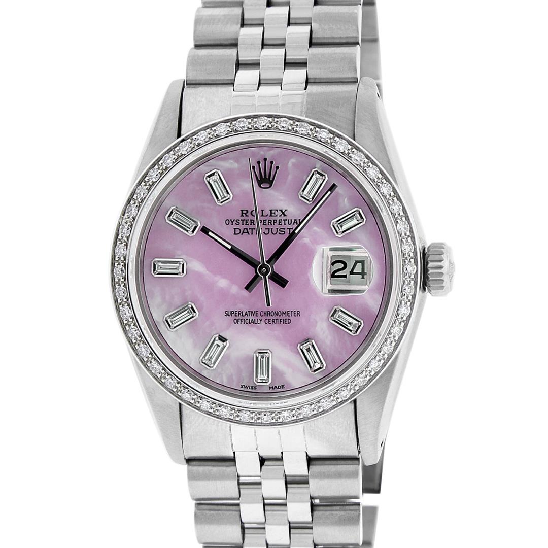 Rolex Mens Stainless Steel Pink MOP Baguette Diamond: One Mens Stainless Steel Rolex Datejust Polished, Serviced & Electronically Tested, Stainless Steel Case: 36mm, Stainless Steel Crown, New Custom Bezel: 18K White Gold Beadset Diamond Bezel, Diamond C