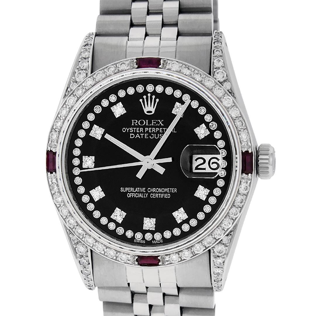Rolex Mens SS Black String Diamond Lugs & Ruby Oyster: One Mens Rolex Datejust Polished Bright with Satin Finish, Serviced & Electronically Tested, Stainless Steel Case: 36mm, Custom Diamond Lugs: 28 Diamonds In Lugs, Color: G to H, Clarity: SI-VS. Stainl