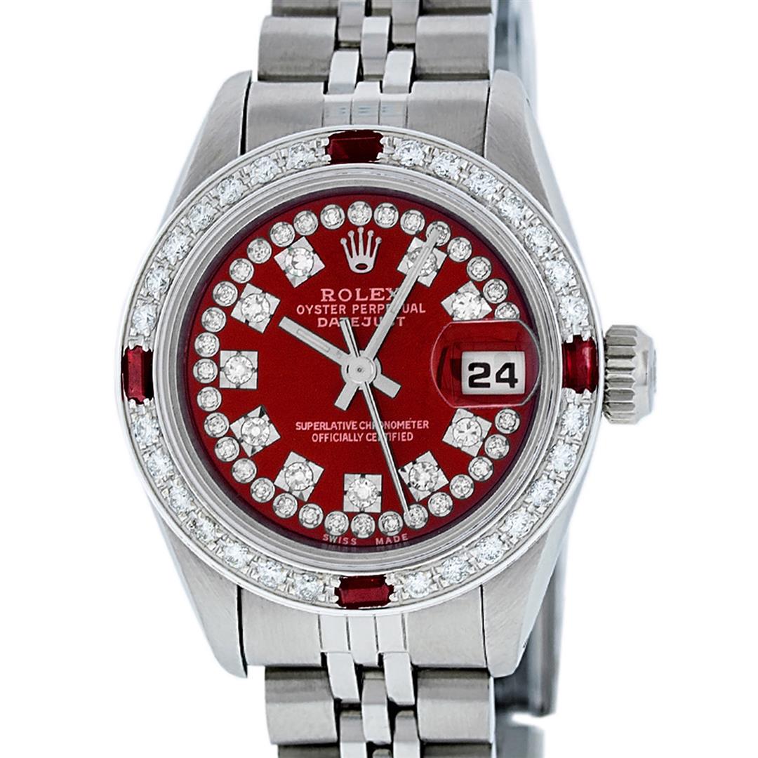 Rolex Ladies Stainless Steel Red Ruby & Diamond: One Ladies Stainless Steel Rolex Datejust Polished Bright with Satin Finish, Serviced & Electronically Tested, Stainless Steel Case: 26mm, Stainless Steel Crown. Custom Bezel: New 18K White Gold Beads