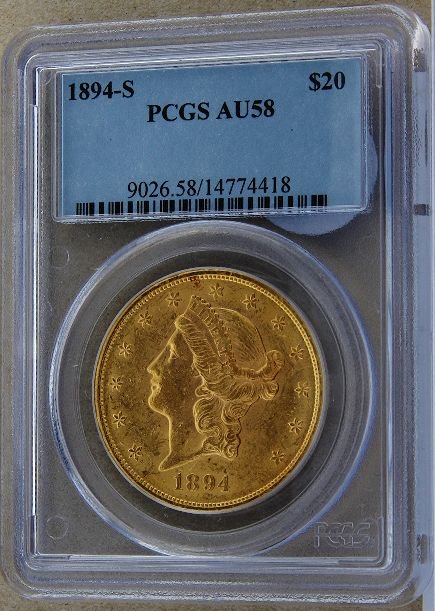 1894-S Liberty Head $20 Gold Coin AU58 GCDF177