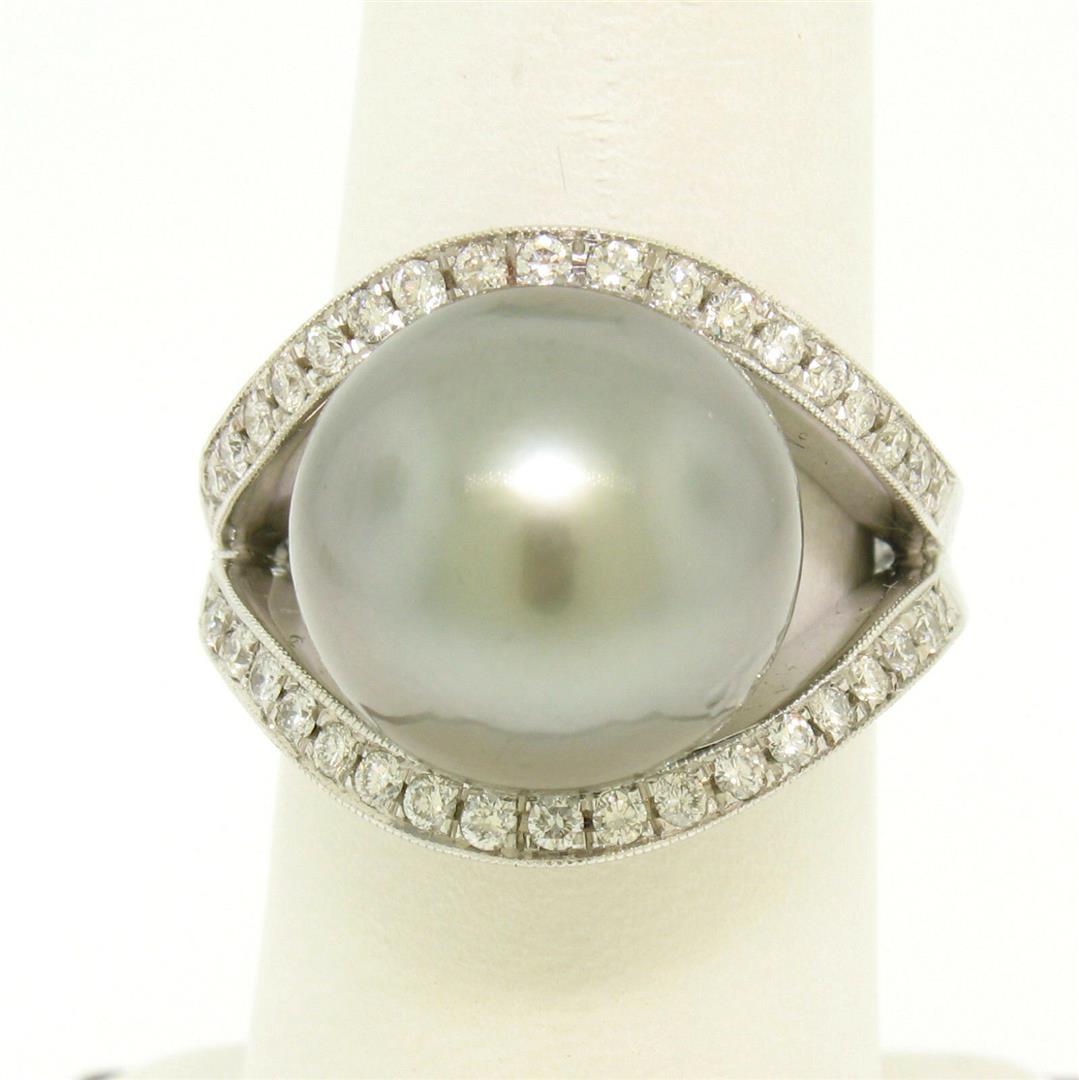 14k White Gold Large 14.5mm Tahitian Pearl Solitaire: One 14k White Gold Large 14.5mm Tahitian Pearl Solitaire Ring w/ 2.00ctw Pave Diamonds. Item Details - Material: 14k Solid White Gold, Weight: 16.5 Grams Grams, Stone(s): (1) Natural Genuine Tahitian 