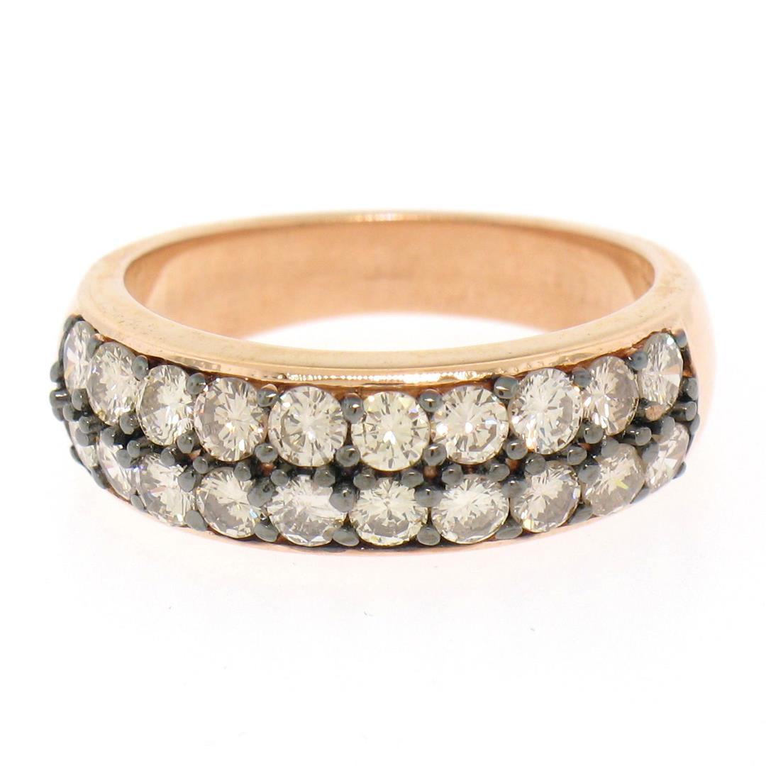 14k Rose Gold 1.10 ctw Dual Row Round Champagne Diamond: One NEW Custom Made 14k Rose Gold 1.10ctw Dual Row Round Champagne Diamond Band Ring. Item Details: Material: 14k Solid Rose Gold w/ Black Rhodium Prongs, Weight: 4.7 Grams, Stone(s): (20) Natural Gen