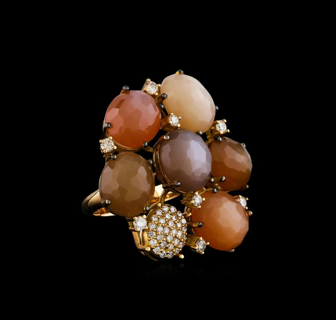 25.14 ctw Sunstone and Diamond Ring - 18KT Yellow Gold: One electronically tested 18KT yellow gold ladies cast & assembled multi color sunstone and diamond ring with a bright and anodized finish. The ring features a stylized multi color sunstone cluster su