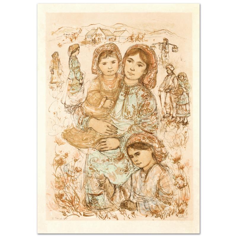"Family in the Field" Limited Edition Lithograph by: "Family in the Field" is a limited edition lithograph on rice paper, numbered and hand signed by Edna Hibel (1917-2014). Includes Certificate of Authenticity! Measures approx. 25" x 36" (with border),