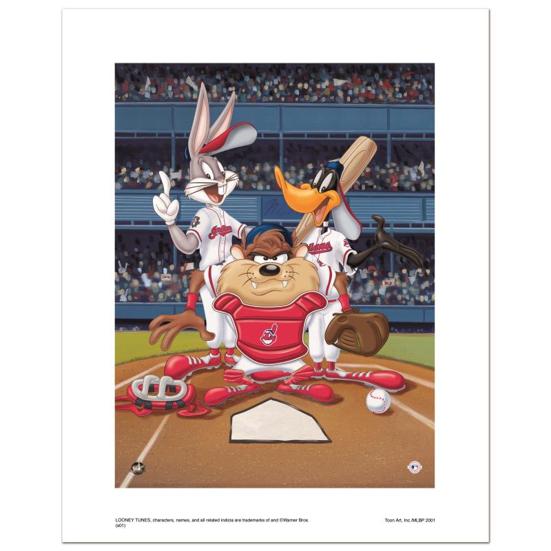 "At the Plate (Indians)" Numbered Limited Edition: "At the Plate (Indians)" is a limited edition giclee on paper from Warner Bros. featuring iconic Looney Tunes characters in Cleveland Indians MLB uniforms. It comes numbered, with hologram seal, and a