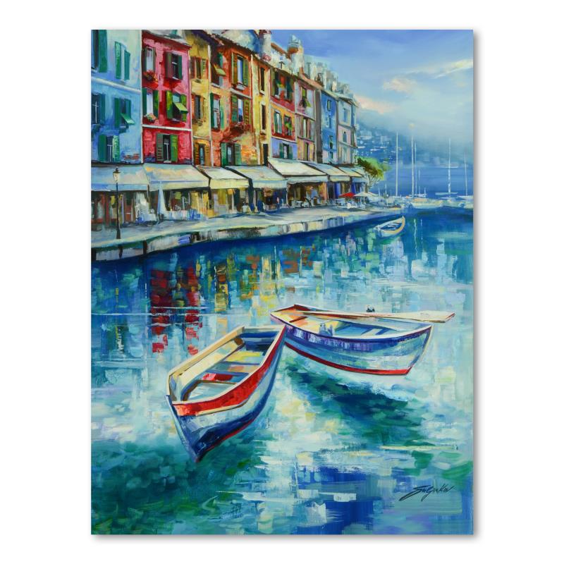 Boats of Portofino by Suljakov Original: "Boats of Portofino" is an original oil painting on stretched canvas by Vadik Suljakov, hand signed by the artist. Includes Letter of Authenticity. Measures approx. 30" x 40" (image).