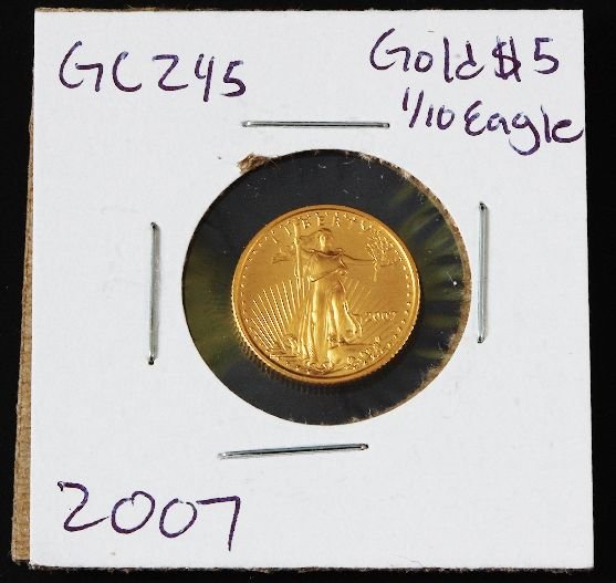 2007 Gold Eagle $5 Gold 1/10 Coin GC245: 2007 Gold Eagle $5 Gold 1/10 Coin GC245 As-Is Condition - CF121E4 Thank you for viewing this auction. We appreciate your business. Thank you from Seized Assets Auctioneers.