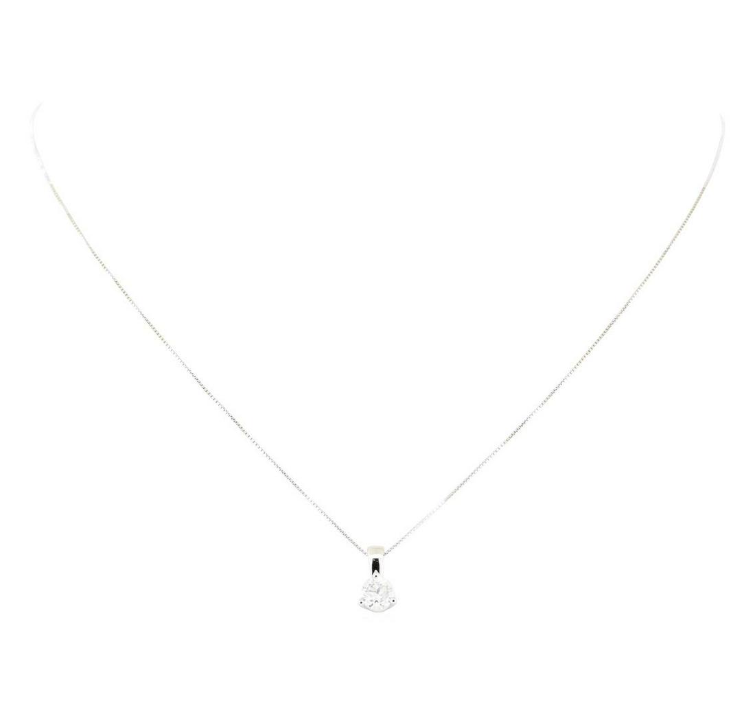 0.70 ctw Diamond Pendant And Chain - 14KT White Gold: One electronically tested 14KT white gold lady's cast fashion solitaire pendant and chain 16.0' long, 0.60mm square box link with a spring ring clasp with a bright polish finish. Trademark is CID. Ide