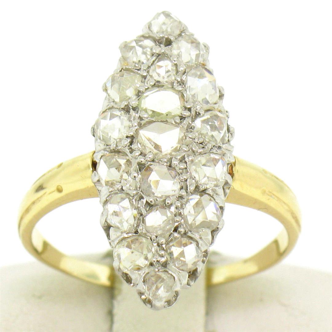 Platinum & 14k Yellow Gold Old Rose Cut Diamond: One Antique Edwardian Platinum & 14k Yellow Gold Pave Old Rose Cut Diamond Marquise Shape Ring. Item Details: Material: Solid 14k Yellow Gold w/ Solid .900 Platinum Top (Both Tested), Weight: 4.0 Gram