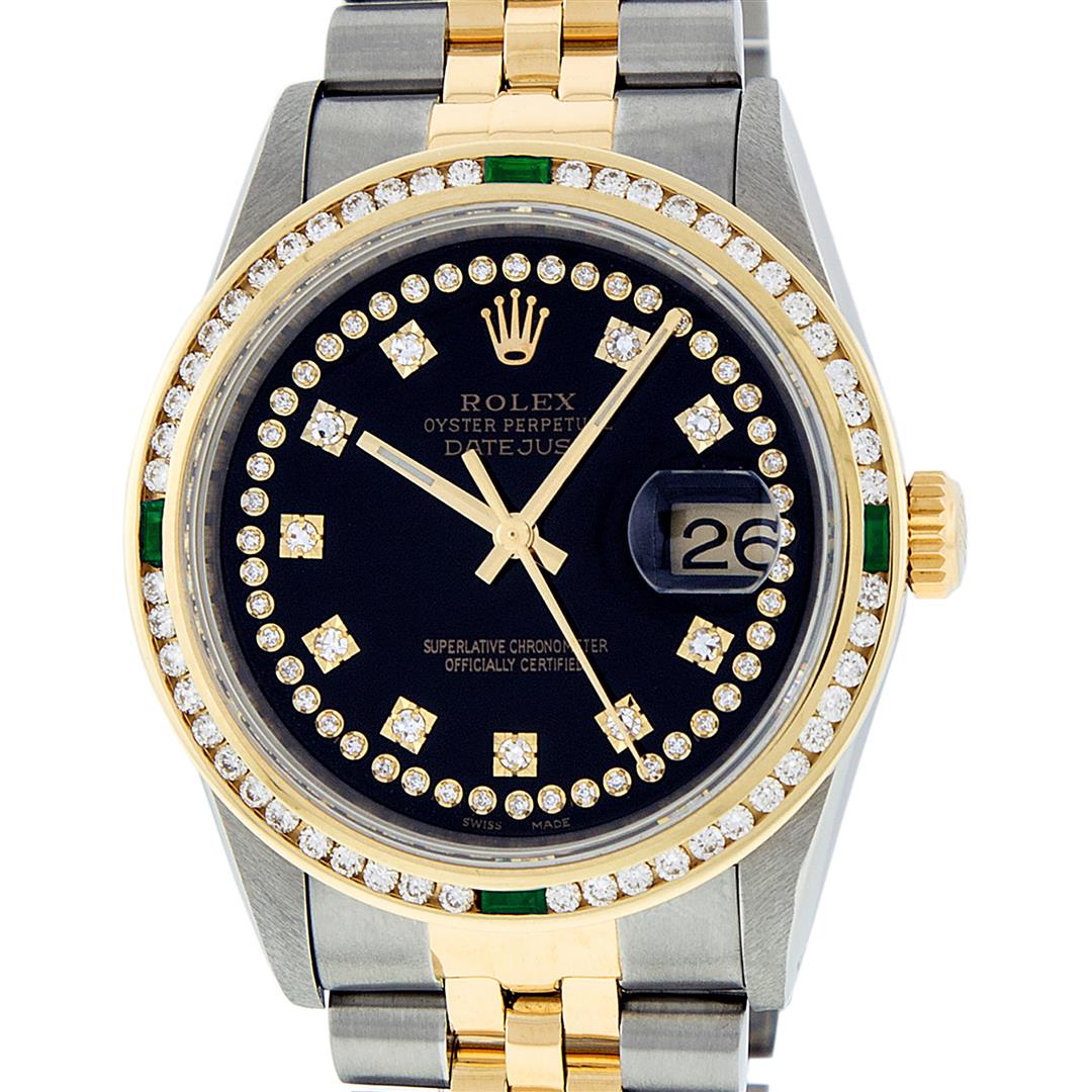Rolex Mens 2 Tone Black String Diamond & Emerald 36MM: One Mens Yellow Gold Two Tone Rolex Datejust Polished, Serviced & Electronically Tested, Yellow Gold & Stainless Steel Case: 36mm, Yellow Gold Crown, Custom Bezel: New 18K Yellow Gold Emerald Channel