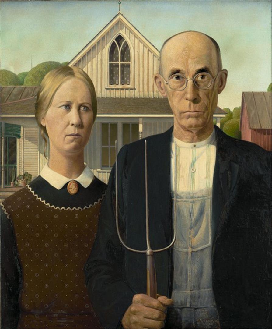 Grant Wood - American Gothic: Artist: Grant Wood - Title: American Gothic - Medium: Fine Art Giclee on Canvas - Image Size: Approximately 32 inches x 26.5 inches - Framed: Unframed on Unstretched Canvas - Biography: Grant DeVolson