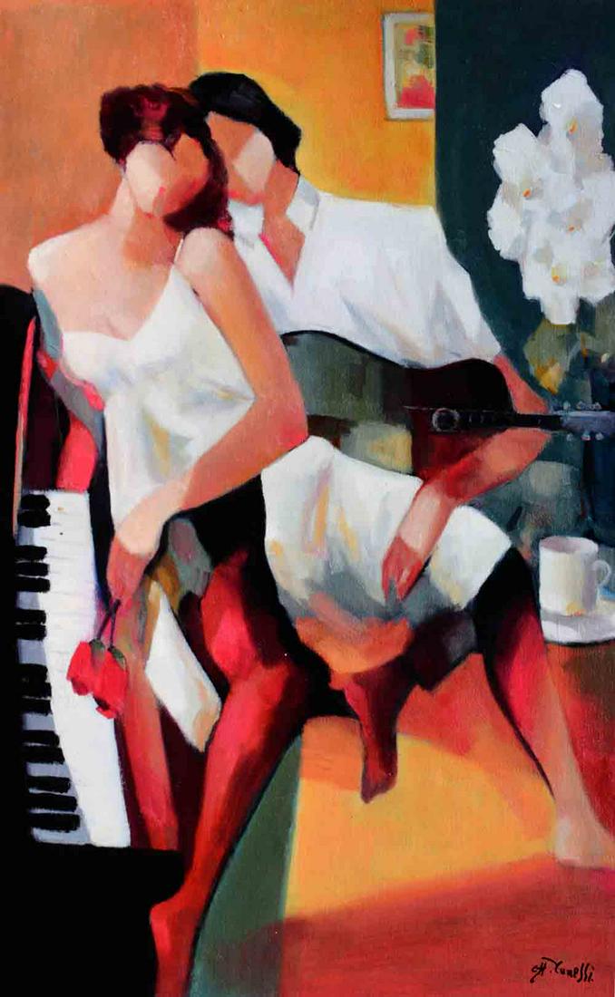 Gholam Yunessi Romantic Courtship on Canvas: Artist: Gholam Yunessi - Title: Romantic Courtship - Medium: Fine Art Giclee on Canvas - Signature: Hand Signed by the Artist - Image Size: Approximately 36 inches x 24 inches - Unframed on Unstretche