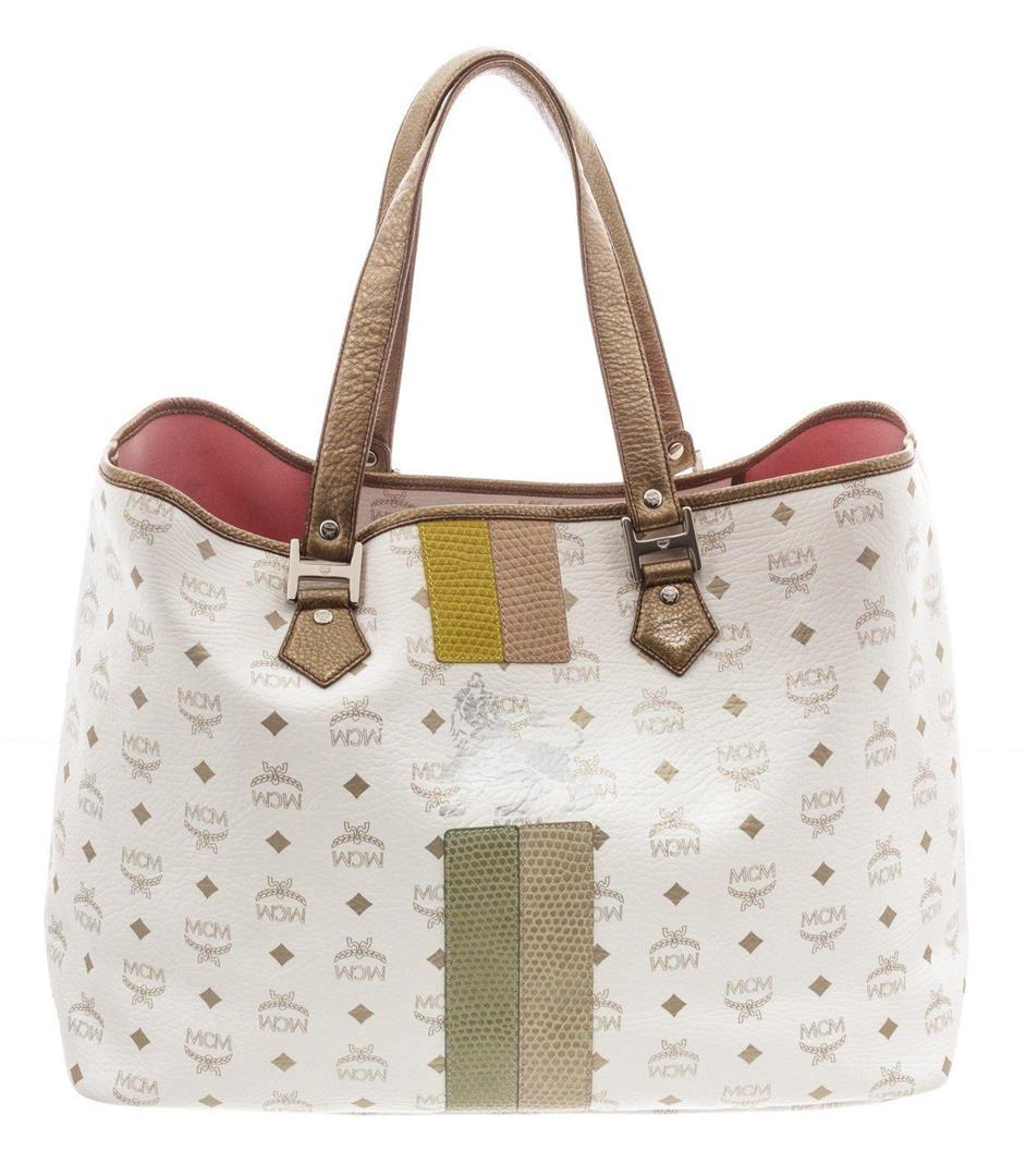 MCM White Visetos Coated Canvas Lion Shopper Tote: MCM White Visetos Coated Canvas Lion Shopper Tote with silver-tone hardware, dual flat shoulder straps, gold leather trim, snakeskin embossed leather multicolor stripes and lion design at front, Pink 