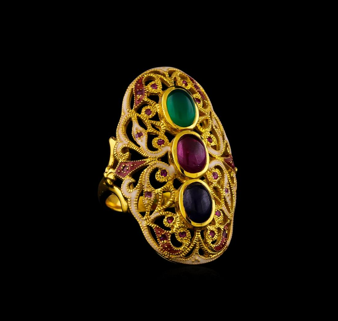 Sterling Silver Ring: One of a kind high fashion sterling silver Ring weighing 9.2 grams. Containing: Ruby, Emerald, Sapphire, Red Enamel Inlay, White Enamel Inlay. This sterling silver promises a lasting shine.