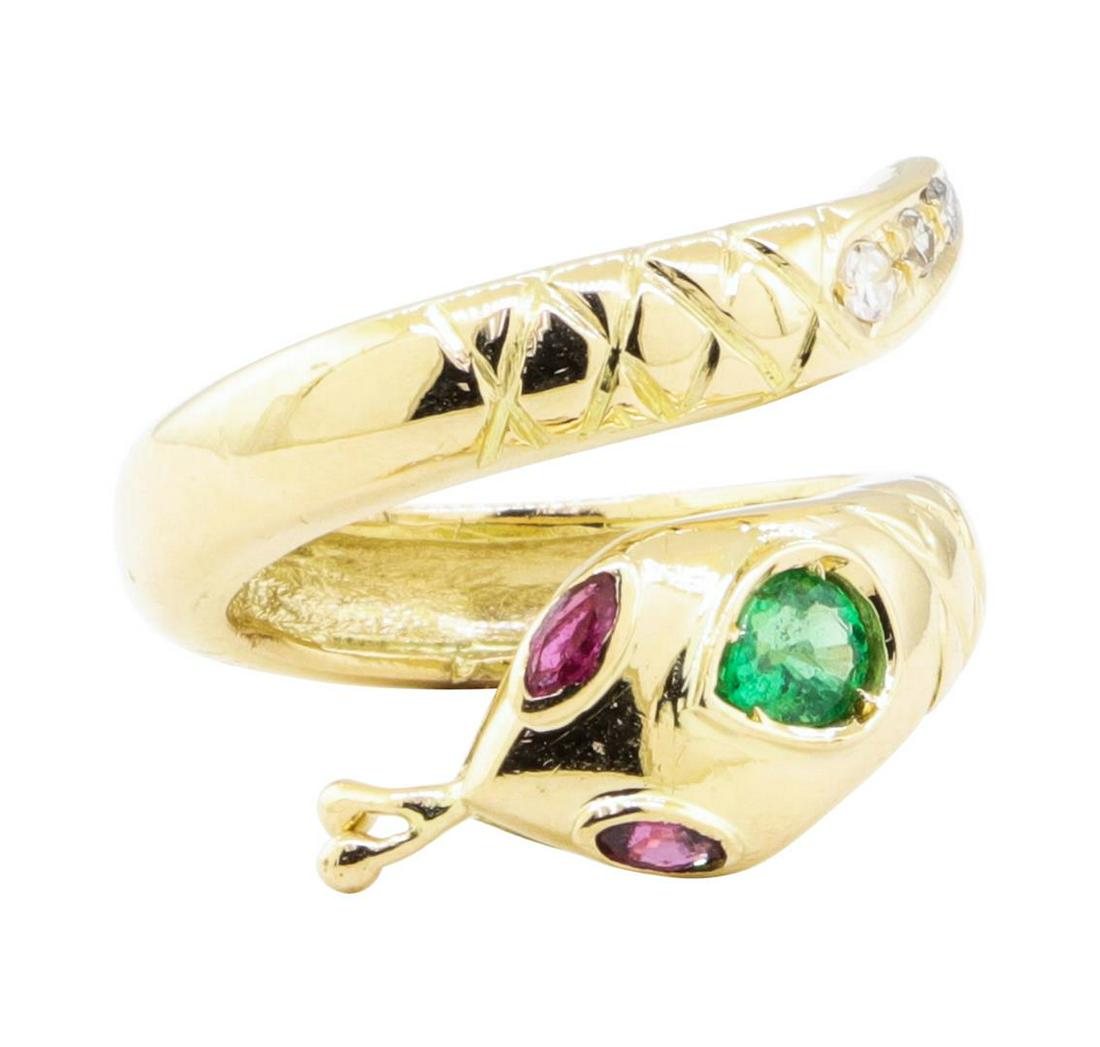 0.66 ctw Emerald, Ruby, and Diamond Snake Ring - 14KT: One snake ring featuring: 14KT yellow gold weighing 6.7 grams containing one emerald weighing 0.40 ct, two rubies weighing 0.20 ctw, and single cut diamonds weighing 0.06ctw.