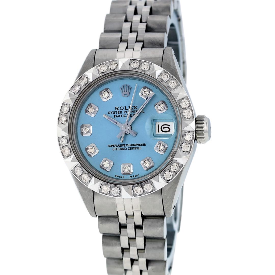 Rolex Ladies 26 Stainless Steel Blue Pyramid Diamond: One Ladies Stainless Steel Rolex Datejust Polished Bright with Satin Finish, Serviced & Electronically Tested, Stainless Steel Case: 26mm, Stainless Steel Crown, Custom Bezel: New 18K White Gold Pyram