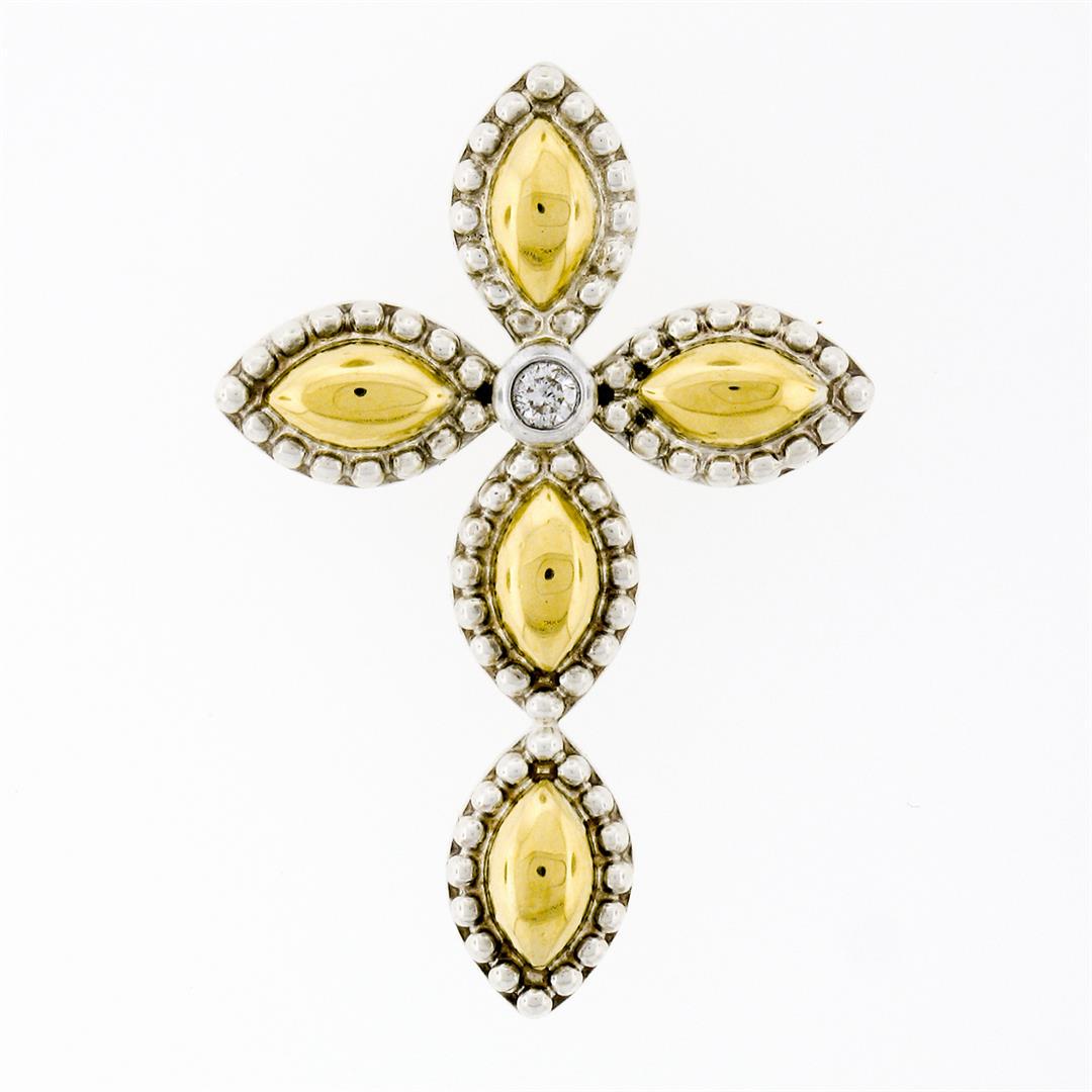 18K Gold Silver Bead Work Marquise Cross Pendant &: One Charles Krypell 18K Gold Silver Bead Work Marquise Cross Pendant & Bezel Diamond. Item Details: Material: Solid 18K Yellow Gold and Sterling Silver, Weight: 7.8 Grams, Stone(s): (1) Natural Genuin