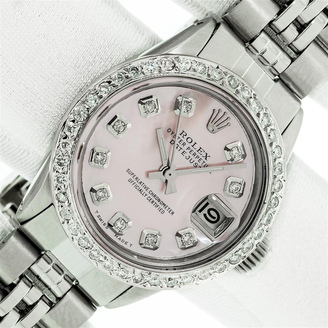 Rolex Ladies Datejust 26 Pink Mother Of Pearl Diamond: One Ladies Stainless Steel Rolex Oyster Perpetual Datejust Polished Bright with Satin Finish, Serviced & Electronically Tested, Stainless Steel Case: 26mm, Stainless Steel Crown, Custom Bezel: Stainle
