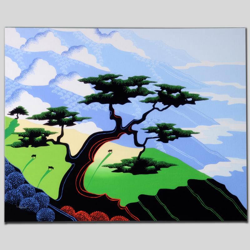 "Cows, Coast, Tree" Limited Edition Giclee on Canvas by: Larissa Holt, a student of distinguished artist Eyvind Earle(1916-2000), uses bold colors and breathtaking scenery to create images of Nature in her own unique style. "Cows, Coast, Tree" is a limited