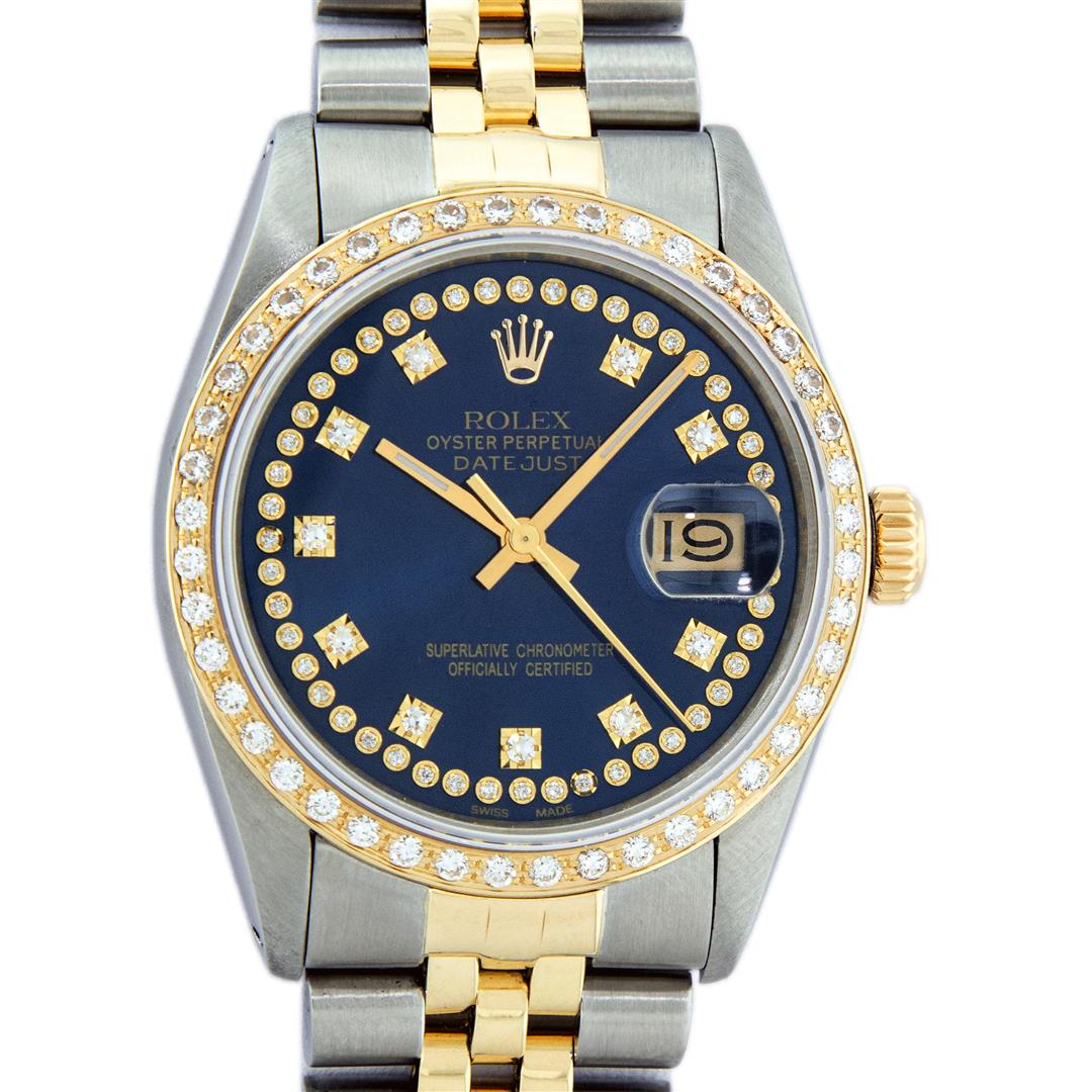 Rolex Mens 2 Tone Blue String VS Diamond Datejust: One Mens Yellow Gold Two Tone Rolex Datejust Polished, Serviced & Electronically Tested, Yellow Gold & Stainless Steel Case: 36mm, Yellow Gold Crown, Custom Bezel: 18K Yellow Gold Beadset Diamond Beze