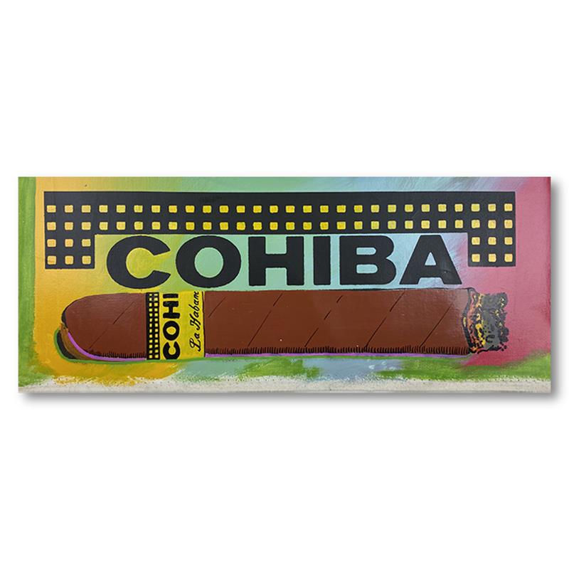 Cohiba Cigar by Steve Kaufman (1960-2010): "Cohiba Cigar" is an HC edition hand pulled silkscreen mixed media on canvas by Andy Warhol protege Steve Kaufman (1960-2010). This piece is marked HC and hand signed inverso. Includes letter of authe