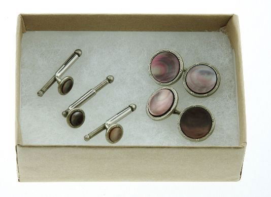 Antique Tuxedo Shirt Set w/ Cuff Links, Studs (5 P: Antique Tuxedo Shirt Set w/ Cuff Links, Studs (5 Pieces) - As-Is Condition - Mother of Pearl M30299 (5 Piece Set) - Thank you for viewing this auction. We appreciate your business. Check out our futur