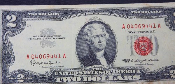 1963 $2.00 Jefferson Red Seal Bill PM458