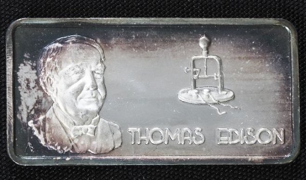 One Troy Oz. Pure Silver - Thomas Edison #92: One Troy Oz. Pure Silver - Thomas Edison #92 - As-Is Condition. A18199. Has some stains and discoloration, but still decent condition and can read story on reverse. - Thank you for viewing this auctio