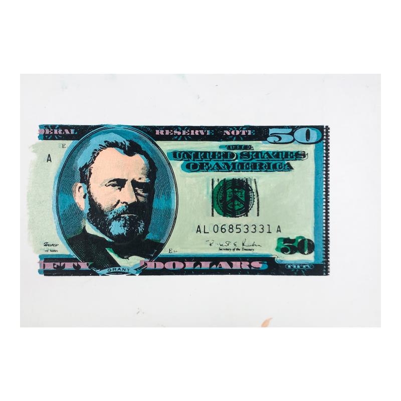50 Dollar Bill by Steve Kaufman (1960-2010): "Half Grant" is limited edition hand pulled silkscreen unique mixed media on canvas by Andy Warhol protege Steve Kaufman (1960-2010). This piece is numbered and hand signed inverso and includes a lett