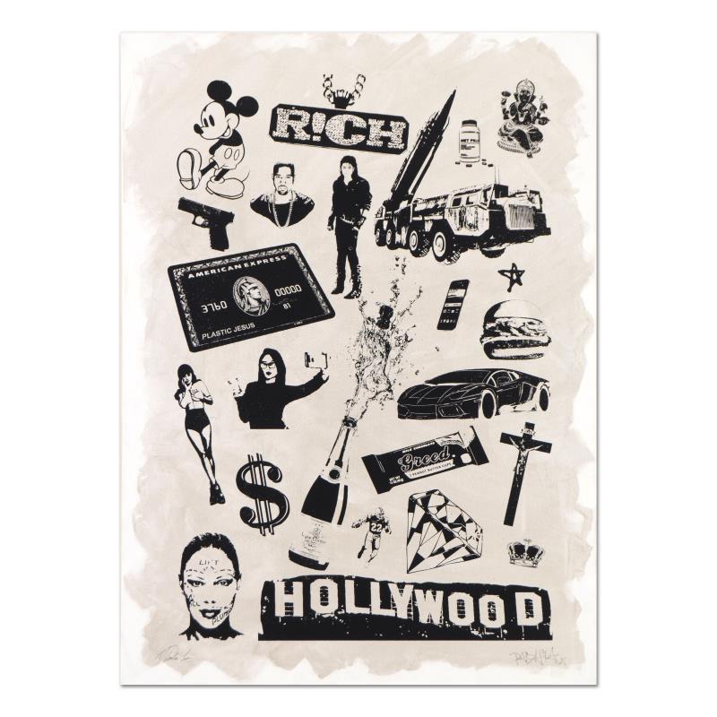 False Idols I: Plastic Jesus by Avocado Original: "False Idols I: Plastic Jesus" is a one-of-a-kind hand painted silkscreen mixed media on canvas, hand signed by the artist. Includes Letter of Authenticity. Measures approx. Measures approx. 22" x 30"