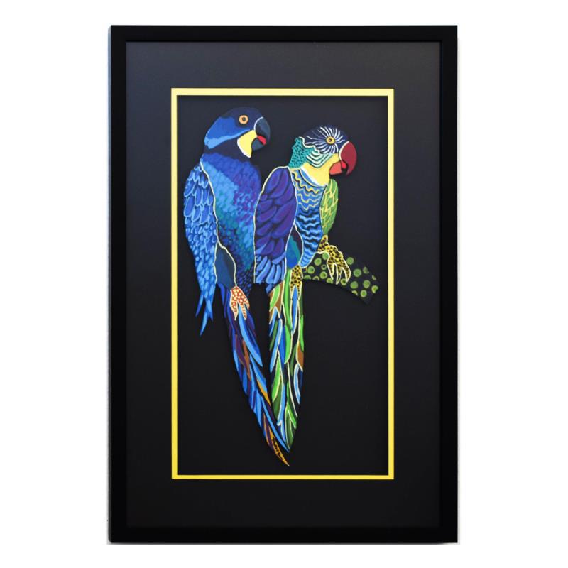 Two Parrots XII by Govezensky Original: Patricia Govezensky, "Two Parrots XII" Hand Signed Original Painting on Laser Cut Steel with Letter of Authenticity. Measures Approximately 25" x 17" (framed), 18.1" x 10" (piece).