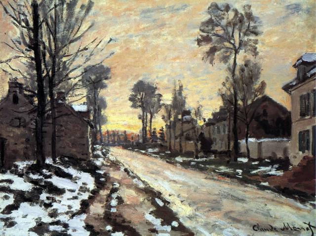 Claude Monet - Road to Louveciennes, Melting Snow: Artist: Claude Monet - Title: Road to Louveciennes, Melting Snow Children, Sunset - Medium: Fine Art Reproduction Giclee on Canvas - Image Size: Approximately 24 inches x 32 inches - Unframed on Unstr