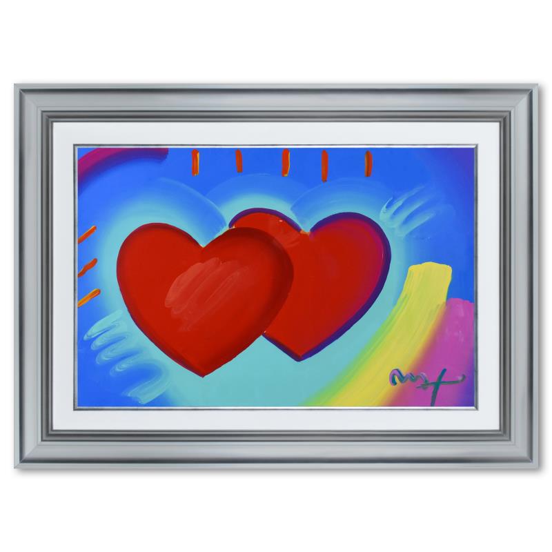 Two Hearts As One by Peter Max: Two Hearts As One by Peter Max. "Two Hearts As One" is a one-of-a-kind acrylic mixed media on paper, hand signed by Peter Max. This piece comes custom framed. Includes Certificate of Authenticity from