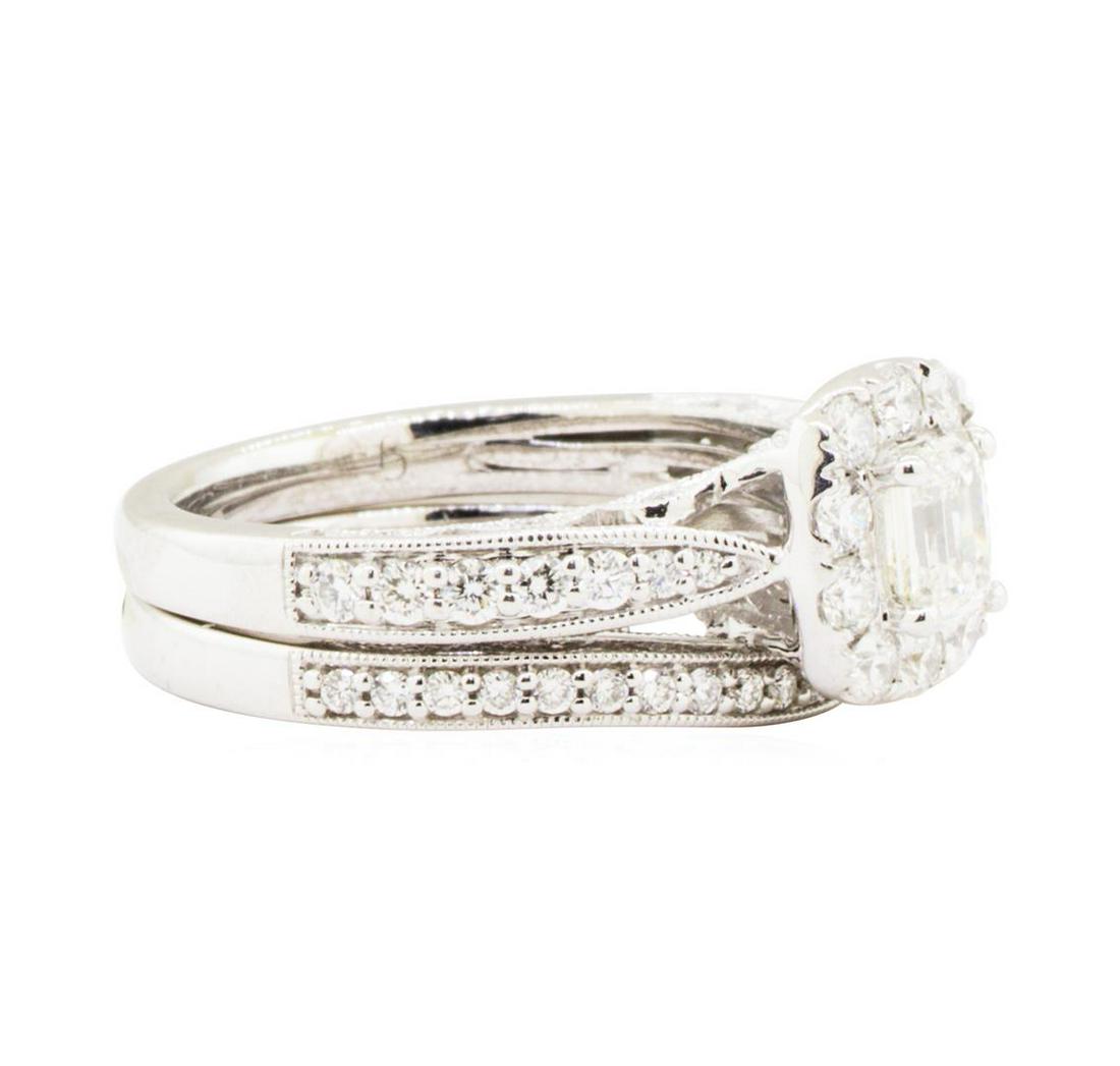 1.43 ctw Diamond Ring & Wedding Band - 14KT White Gold: One set electronically tested 14KT white gold lady's combination cast & assembled wedding ring & wedding band with a cushion halo with a bright polish with milgrain detailing finish. The featured lady