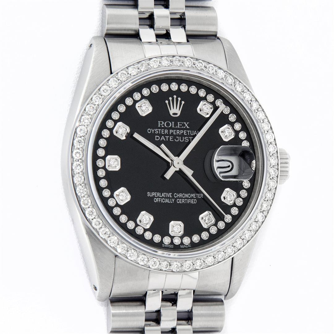 Rolex Mens 36 Stainless Steel Black String Diamond 36MM: One Mens Rolex Stainless Steel Datejust Polished Bright with Satin Finish, This Watch Has Been Serviced & Electronically Tested, Stainless Steel Case: 36mm, Stainless Steel Crown, Custom Bezel: New St