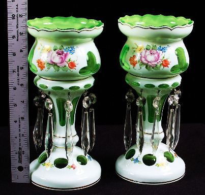 Bohemian Art Glass Mantle Luster Lot of (2): Bohemian Art Glass Mantle Luster Lot of (2) - Awesome Condition! J1151YH. Over 10 high and great color. A really nice piece to add to your antique collection. Pictures don't do this justice. Thank you