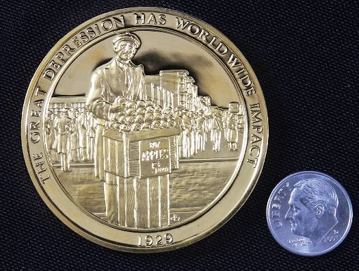 The Great Depression #87 24Kt Gold Plated Sterling: The Great Depression" #87 24Kt Gold Plated Sterling Silver Medal - This is a rare Franklin Mint "History of Mankind" 24kt. Gold Plated over Sterling Silver Medal. Coin weights 1.985 Troy Oz. (Nearly 2