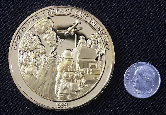 WWII Breaks Out In Europe #89 24Kt Gold Plated Ste: WWII Breaks Out In Europe" #89 24Kt Gold Plated Sterling Silver Medal - This is a rare Franklin Mint "History of Mankind" 24kt. Gold Plated over Sterling Silver Medal. Coin weights 1.985 Troy Oz. (Nea
