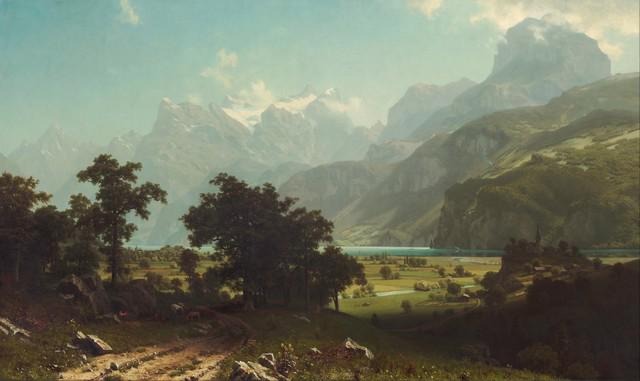 Bierstadt - Lake Lucerne: Artist: Albert Bierstadt - Title: Lake Lucerne - Medium: Fine Art Giclee on Canvas - Image Size: Approximately 19 inches x 32 inches - Framed: Unframed on Unstretched Canvas - Biography: Bierstadt bec