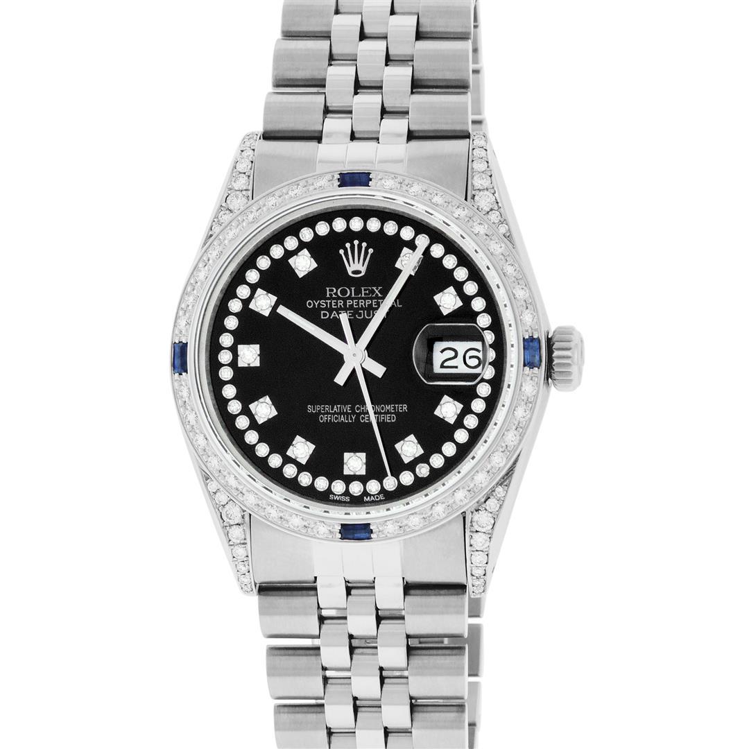 Rolex Mens Stainless Steel Black Diamond Lugs &: One Mens Rolex Datejust Polished Bright with Satin Finish, Serviced & Electronically Tested, Stainless Steel Case: 36mm, Custom Diamond Lugs: 28 Diamonds On Lugs, Color: G to H, Clarity: SI-VS. Stainl