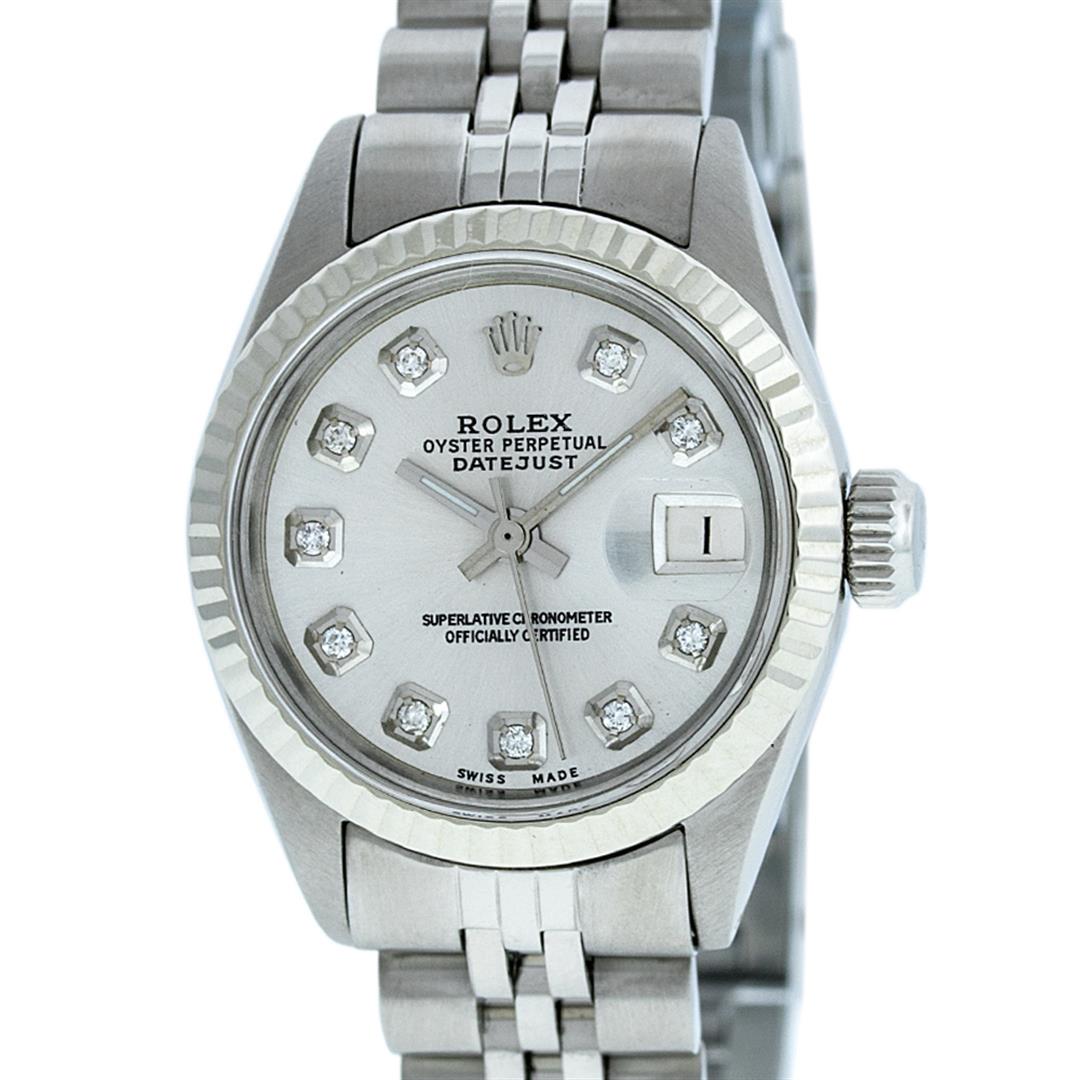 Rolex Ladies Stainless Steel Silver Diamond 26MM: One Ladies Stainless Steel Rolex Datejust Polished Bright with Satin Finish, Serviced & Electronically Tested, Stainless Steel Case: 26mm, Stainless Steel Crown, Bezel: 14K White Gold Bezel. Custom Cr