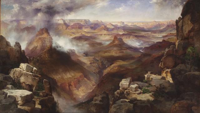 Thomas Moran - Grand Canyon: Artist: Thomas Moran - Title: Grand Canyon - Medium: Fine Art Giclee on Canvas - Image Size: Approximately 11.25 inches x 20 inches - Framed: Unframed on Unstretched Canvas - Biography: Thomas Moran (